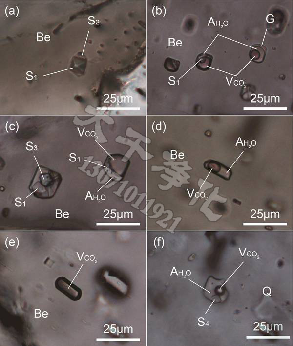伟晶岩石英和绿柱石中包裹体的显微照片